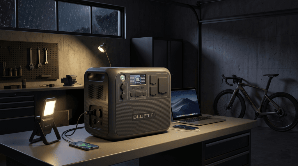 BLUETTI AC200L review showing RV backup power use at a campsite