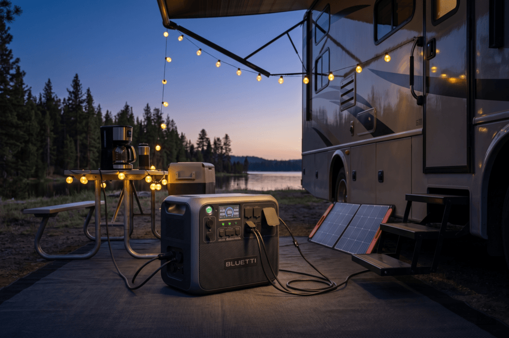 BLUETTI AC200L review showing RV backup power use at a campsite
