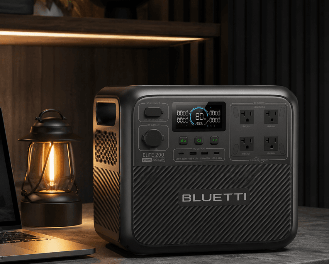 BLUETTI Elite 200 V2 portable power station in a dark premium home backup setup