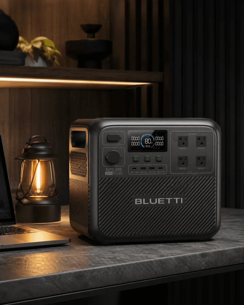 BLUETTI Elite 200 V2 portable power station in a dark premium home backup setup