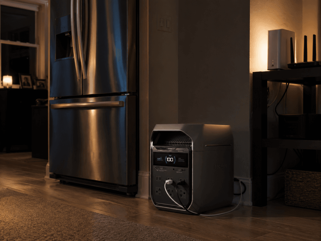 EcoFlow DELTA 3 Plus review home backup power station beside router and refrigerator