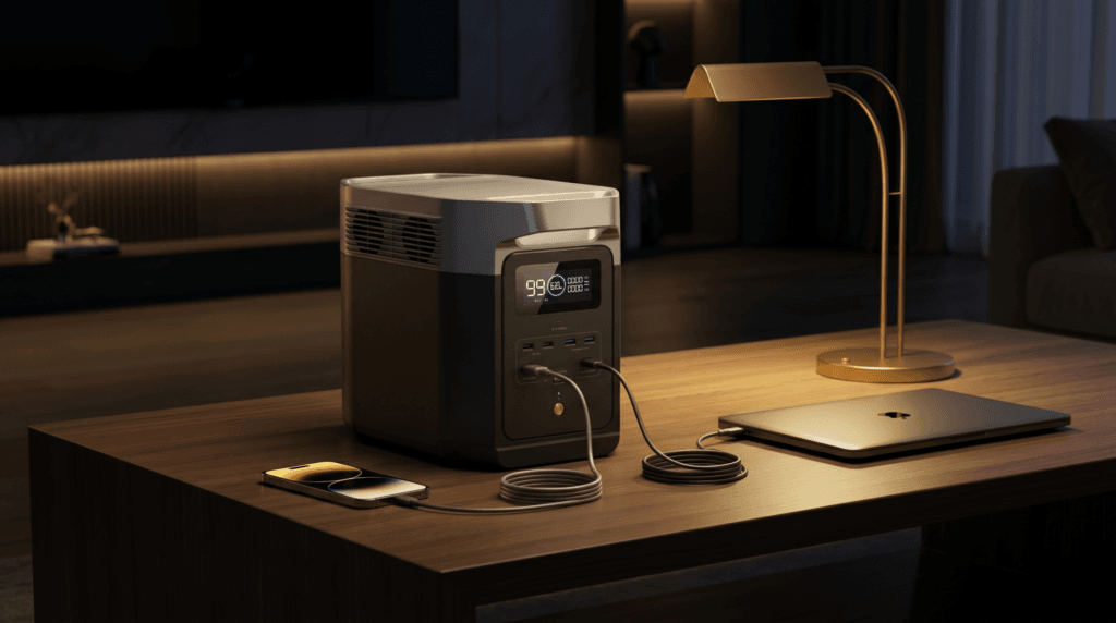EcoFlow Delta 2 portable power station powering essentials during a home outage