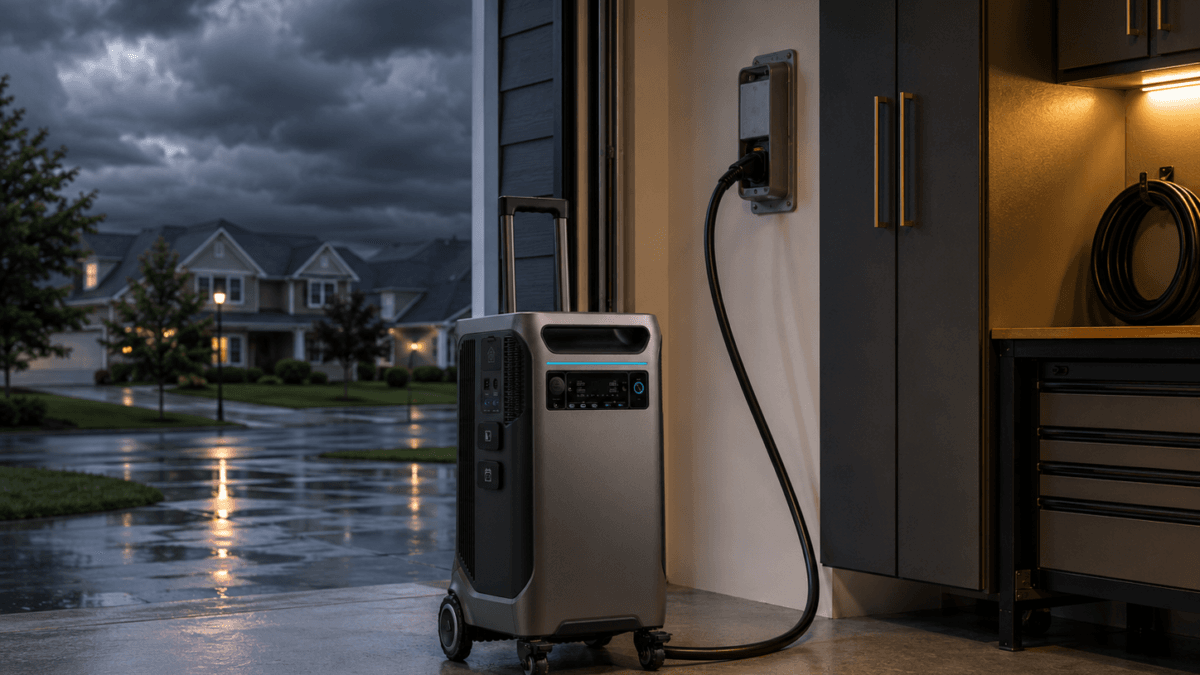 Anker SOLIX F3800 Plus review featured image showing a large portable power station in a garage storm backup setup