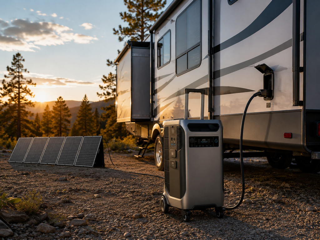 Anker SOLIX F3800 Plus review in-post image showing RV campsite power and solar charging setup