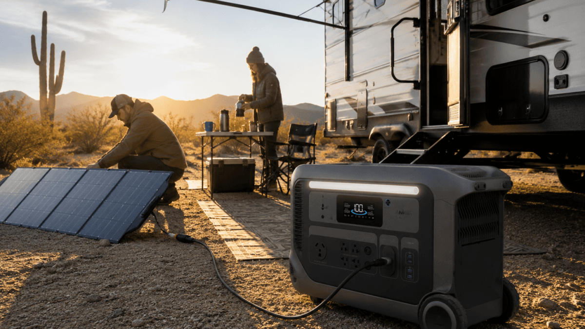Anker SOLIX F3000 portable power station in RV boondocking solar setup