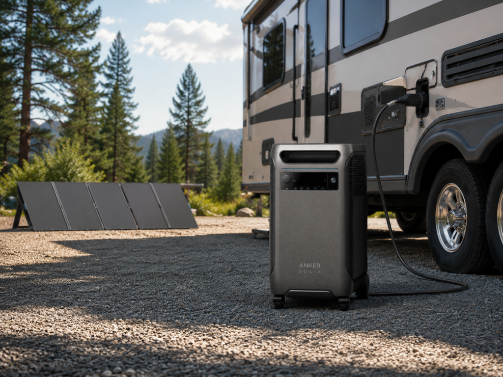 Anker SOLIX F3800 Plus review image showing RV power and solar charging setup