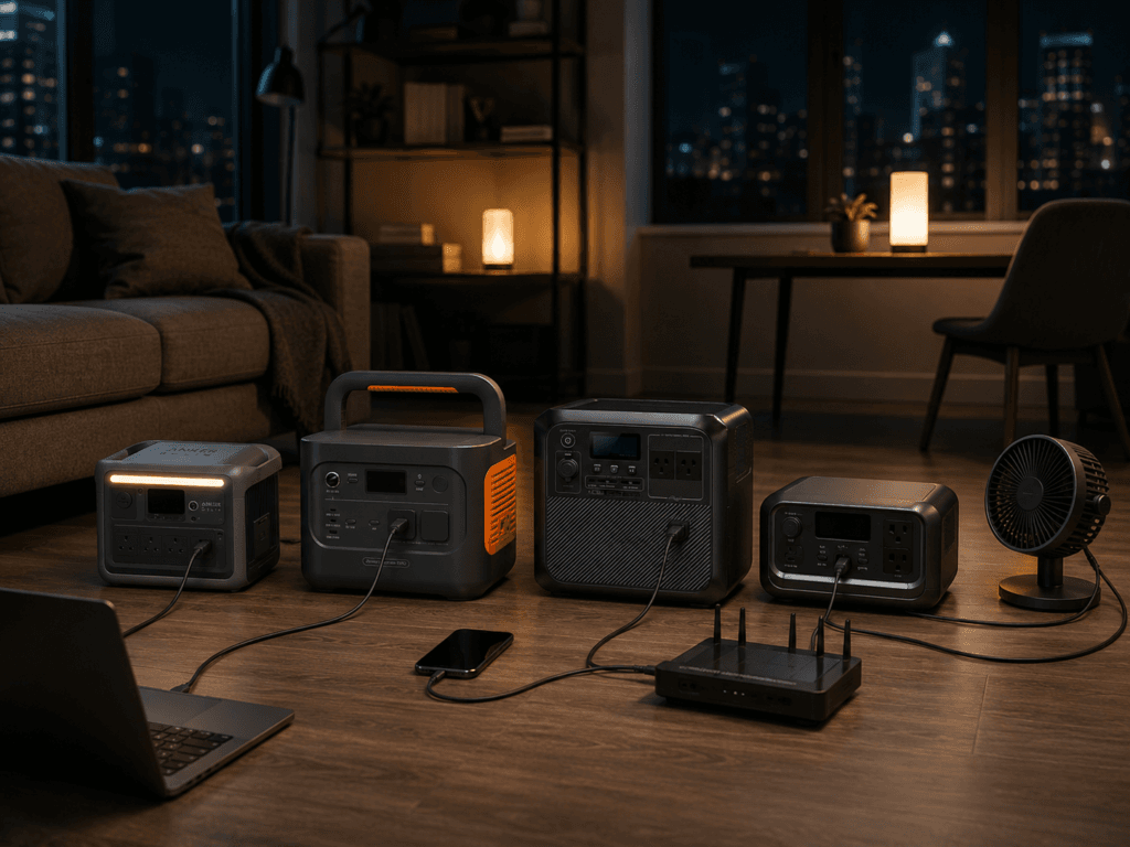 Portable power station for apartment outage backup with router laptop and emergency light