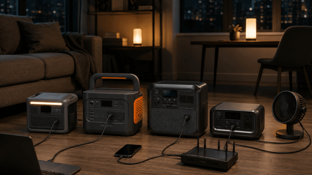 Portable power station for apartment outage backup with router laptop and emergency light