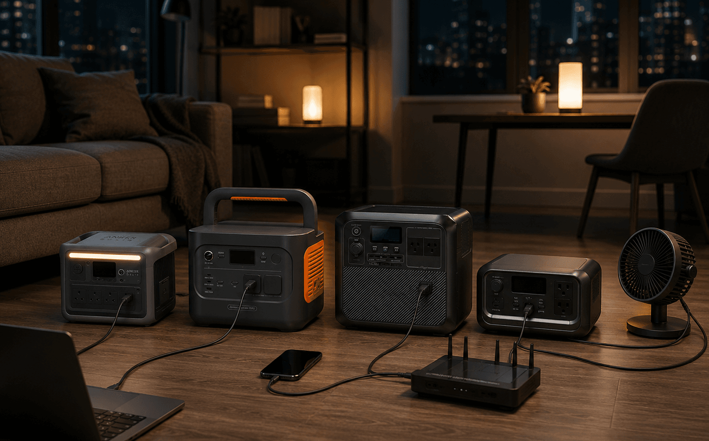 Portable power station for apartment outage backup with router laptop and emergency light