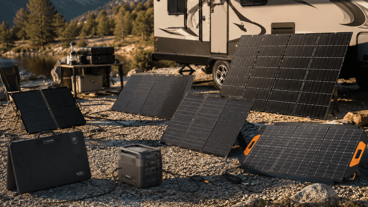 best portable solar panels for power stations at an RV campsite