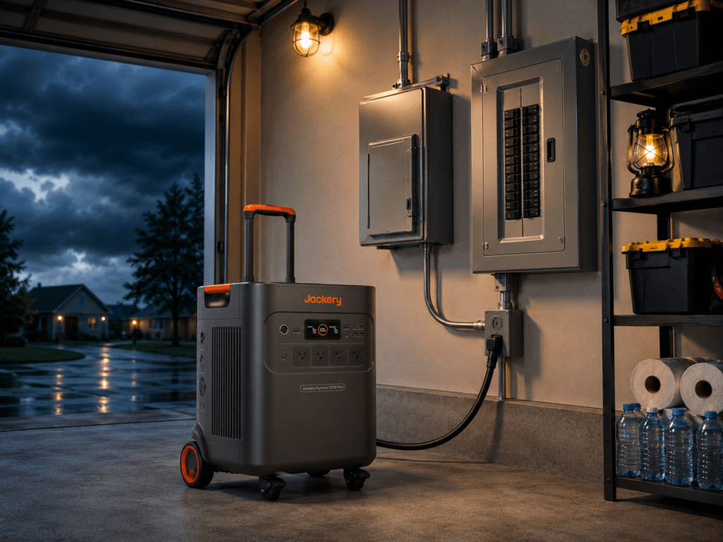 Jackery Explorer 5000 Plus review home backup setup beside garage transfer switch