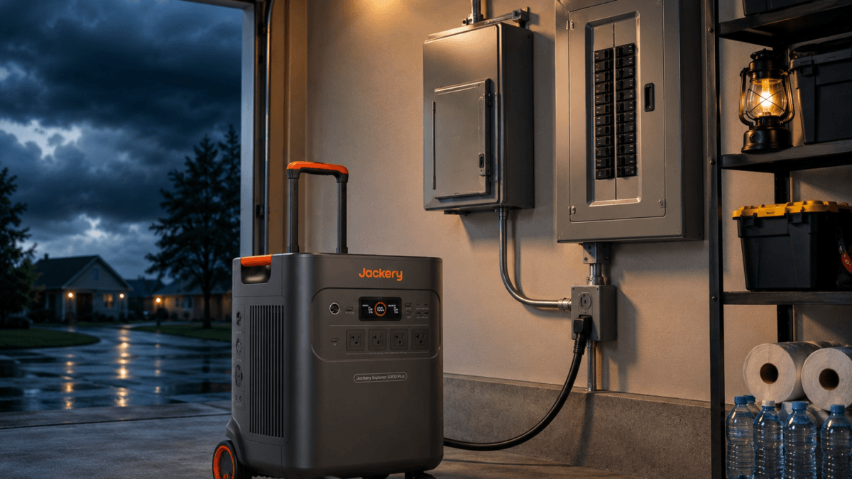 Jackery Explorer 5000 Plus review home backup setup beside garage transfer switch