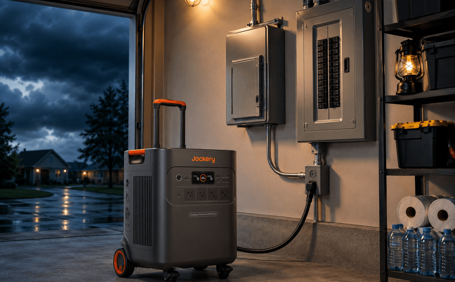 Jackery Explorer 5000 Plus review home backup setup beside garage transfer switch