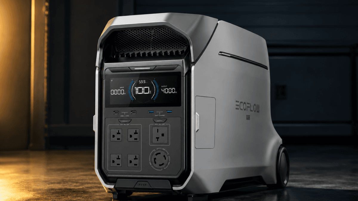 EcoFlow DELTA Pro 3 portable power station in a premium dark navy garage product-review scene with gold accent lighting