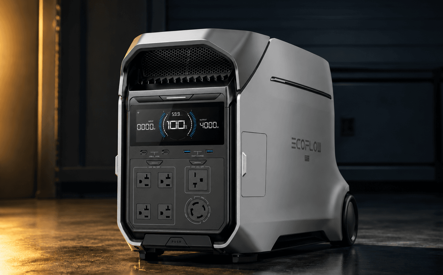 EcoFlow DELTA Pro 3 portable power station in a premium dark navy garage product-review scene with gold accent lighting