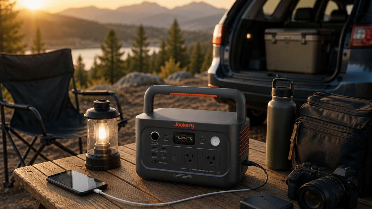 Jackery Explorer 500 v2 portable power station guide image showing the unit on a wooden campsite table with a lantern, camera gear, phone, water bottle, and SUV at sunrise.