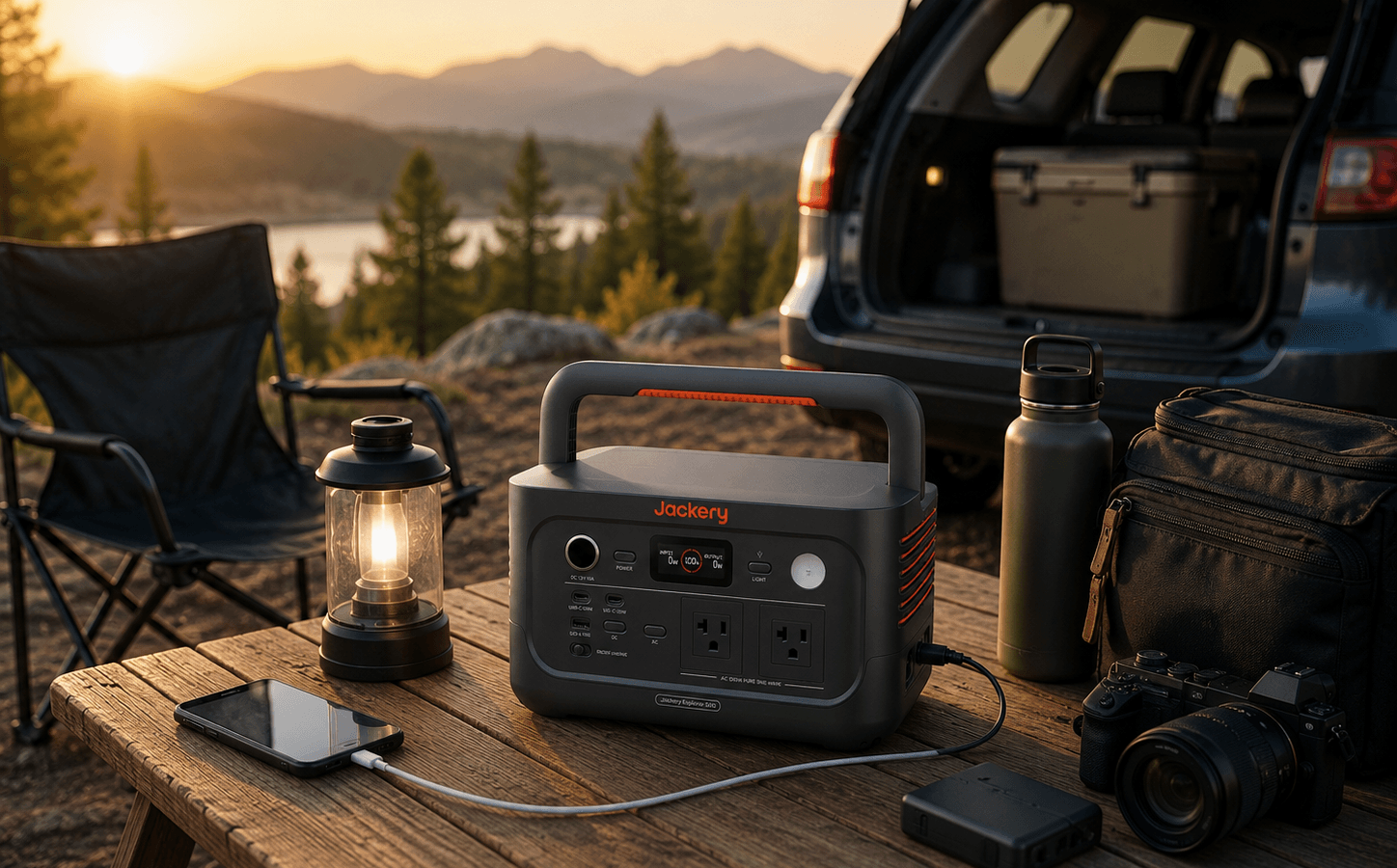 Jackery Explorer 500 v2 portable power station guide image showing the unit on a wooden campsite table with a lantern, camera gear, phone, water bottle, and SUV at sunrise.