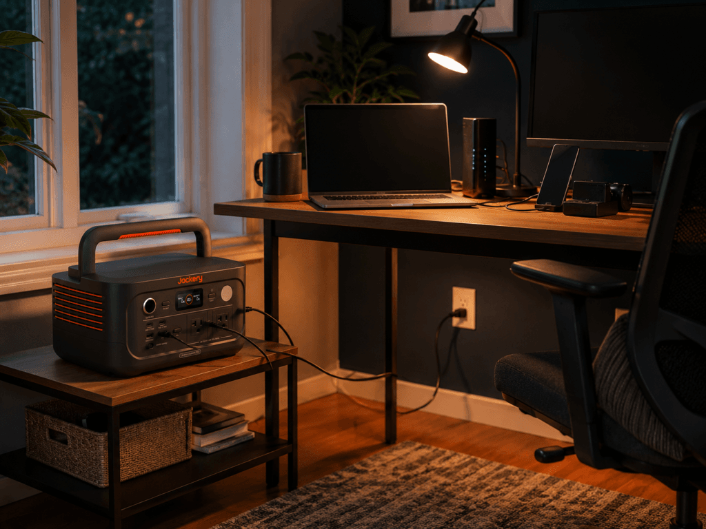 Jackery Explorer 500 v2 review showing a portable power station beside a compact home-office desk with a laptop, router, phone, monitor, LED lamp, and camera charger.