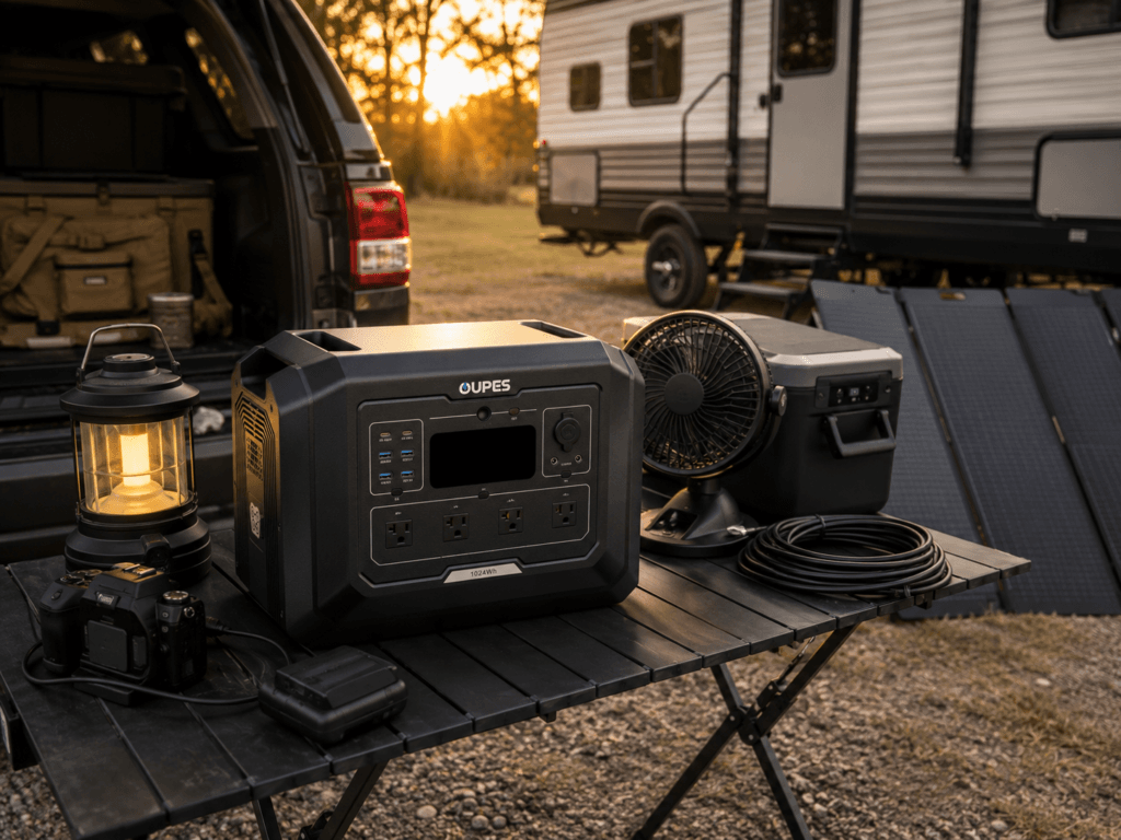 OUPES Mega 1 portable power station garage storm prep setup