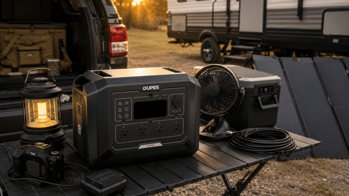 OUPES Mega 1 portable power station in an outdoor camping and RV backup setup