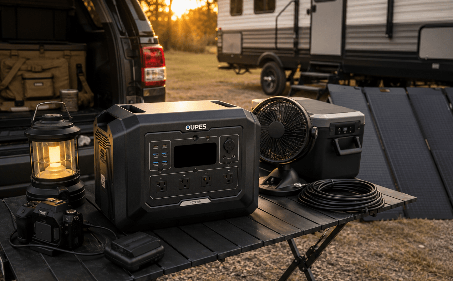 OUPES Mega 1 portable power station in an outdoor camping and RV backup setup