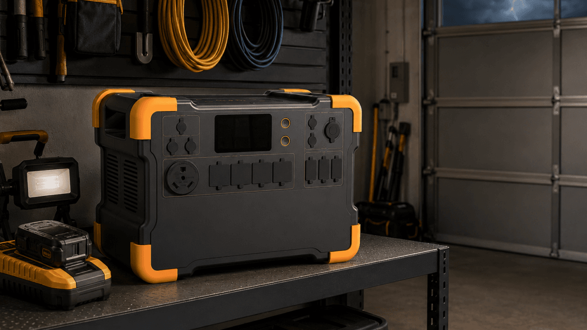 PECRON E2000LFP review portable power station in garage emergency backup setup
