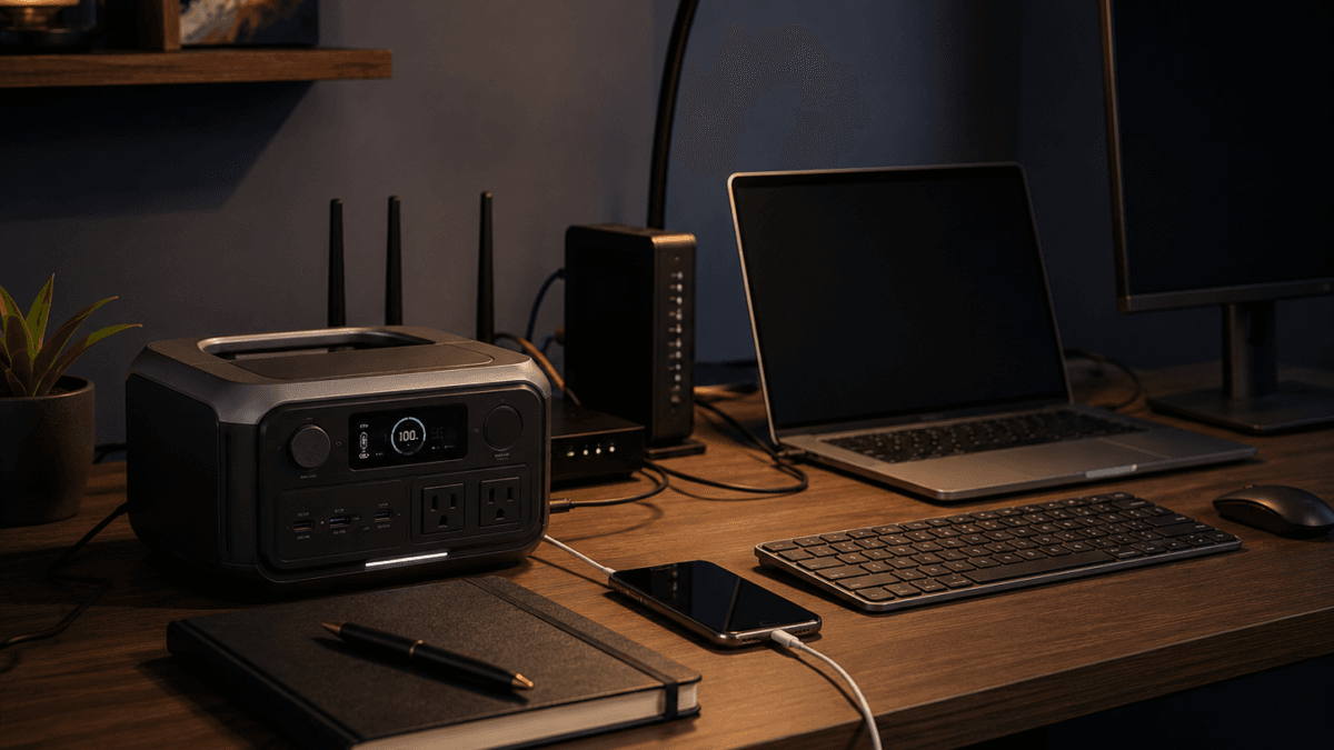 best portable power station for home office backup with EcoFlow RIVER 3 Plus powering a compact desk setup