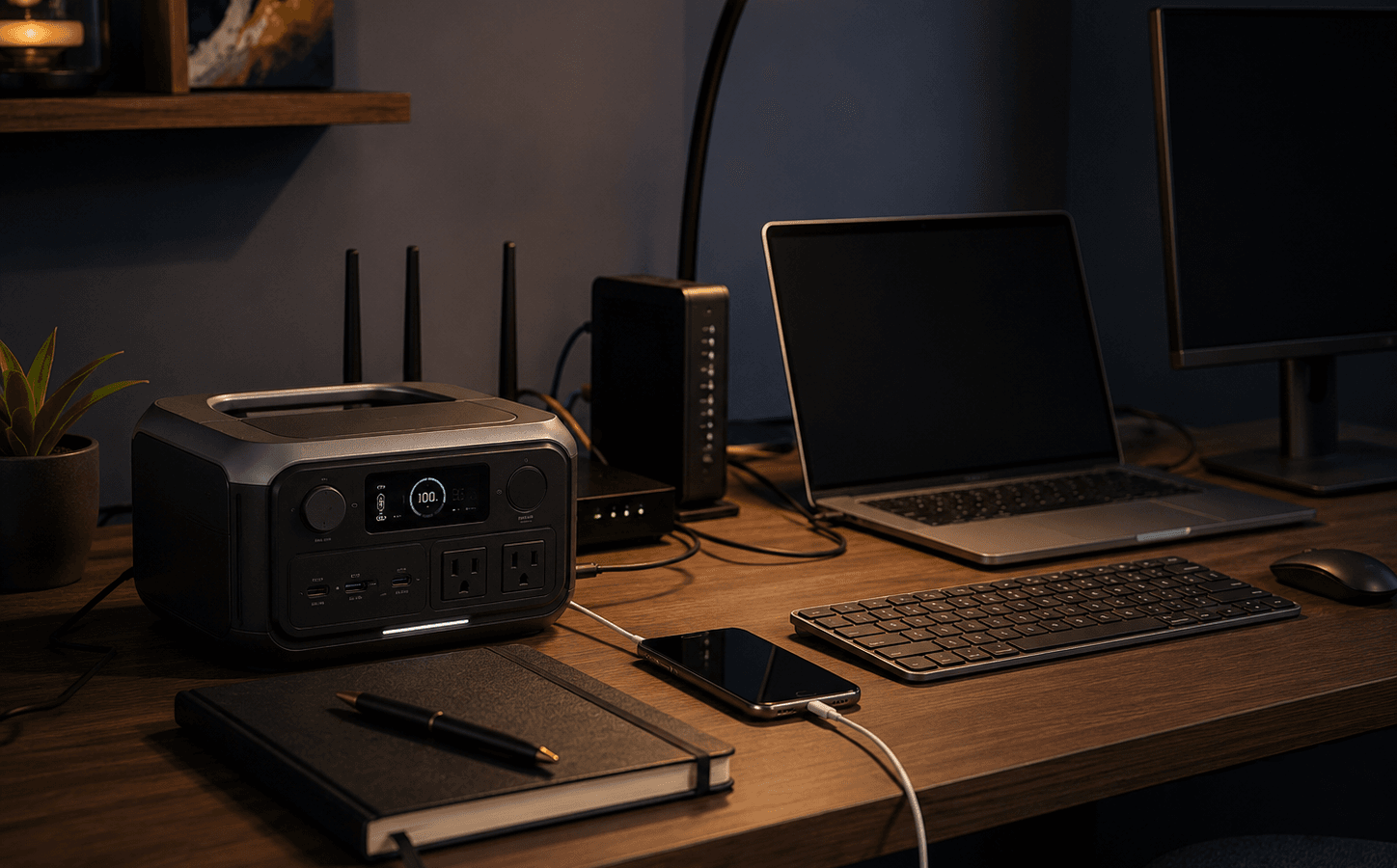best portable power station for home office backup with EcoFlow RIVER 3 Plus powering a compact desk setup