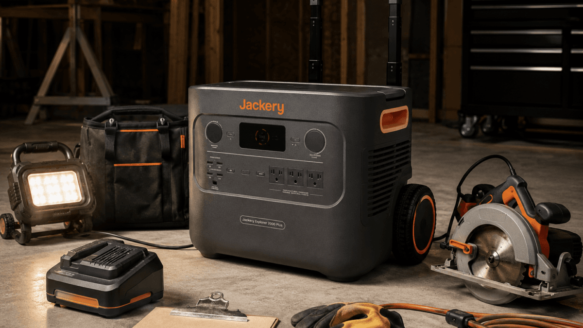 Best portable power station for power tools with Jackery Explorer 2000 Plus in a dry professional jobsite setup