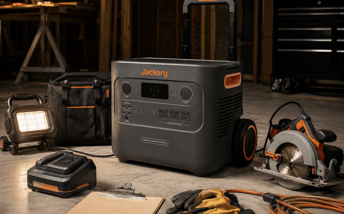 Best portable power station for power tools with Jackery Explorer 2000 Plus in a dry professional jobsite setup