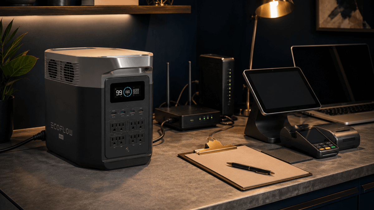 Alt text: Best portable power station for small business backup with EcoFlow DELTA 2 Max supporting a compact business counter setup
