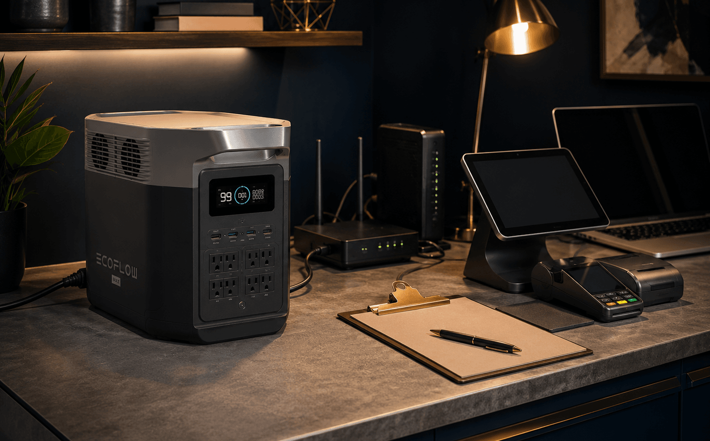 Alt text: Best portable power station for small business backup with EcoFlow DELTA 2 Max supporting a compact business counter setup