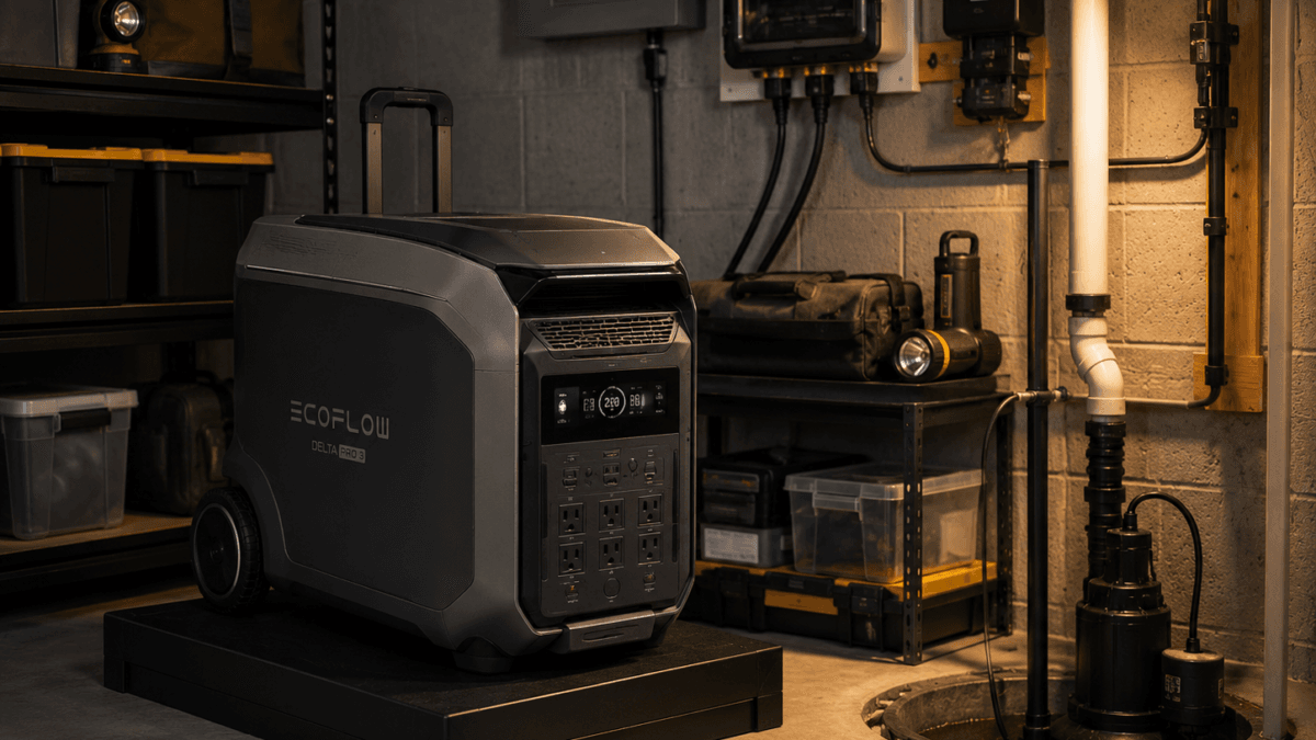Best portable power station for sump pump backup with EcoFlow DELTA Pro 3 in a dry organized utility room