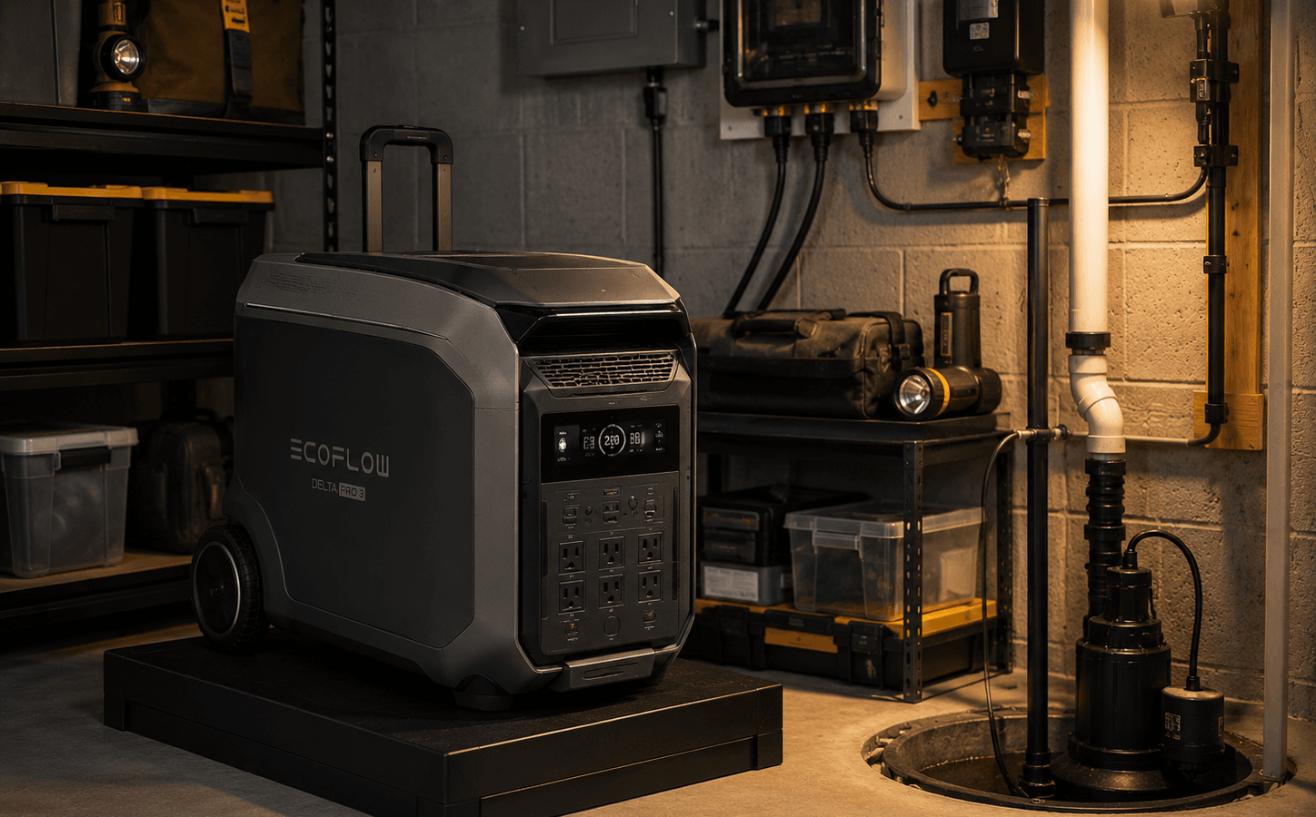 Best portable power station for sump pump backup with EcoFlow DELTA Pro 3 in a dry organized utility room