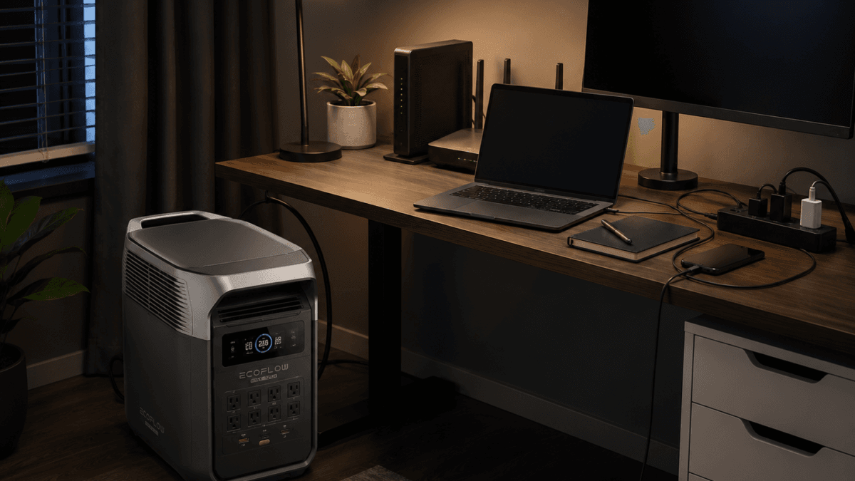 Best portable power stations with UPS features using EcoFlow DELTA 3 Plus for a home office router and laptop backup setup