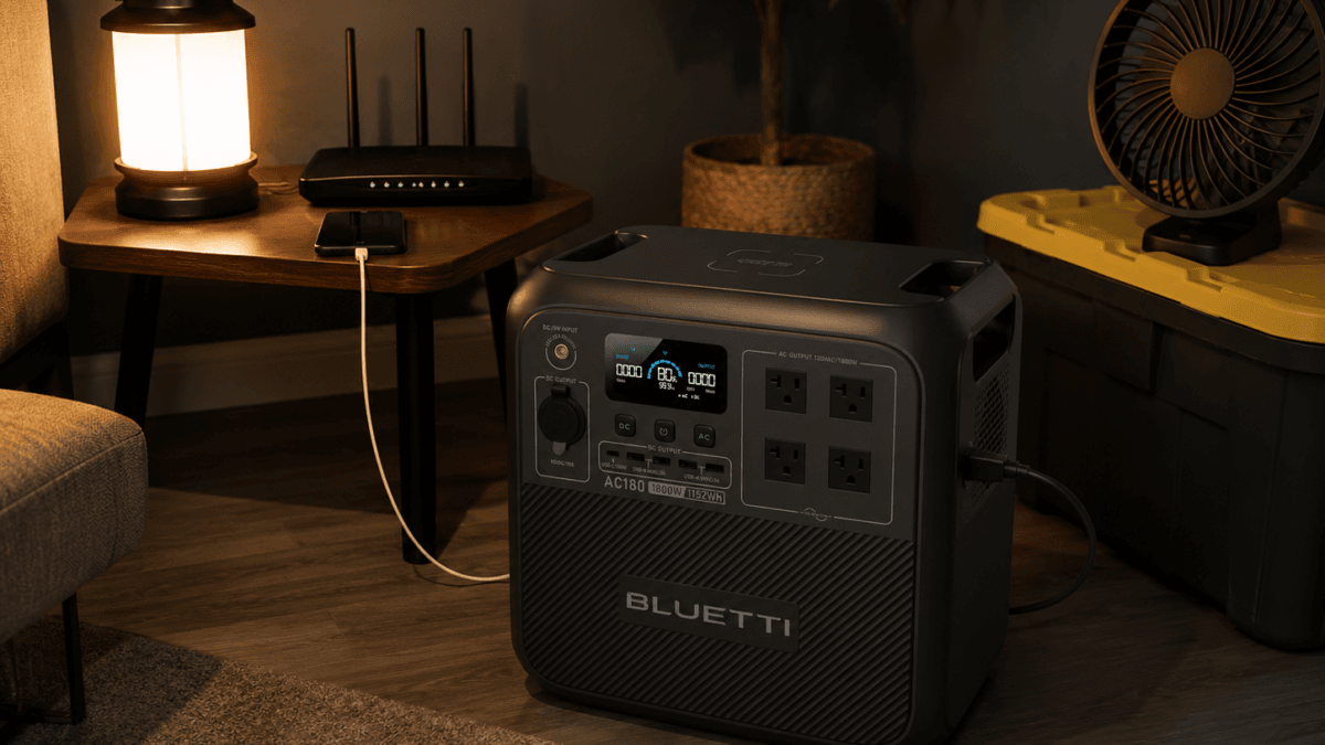 BLUETTI AC180 review image showing the portable power station in a home emergency backup setup