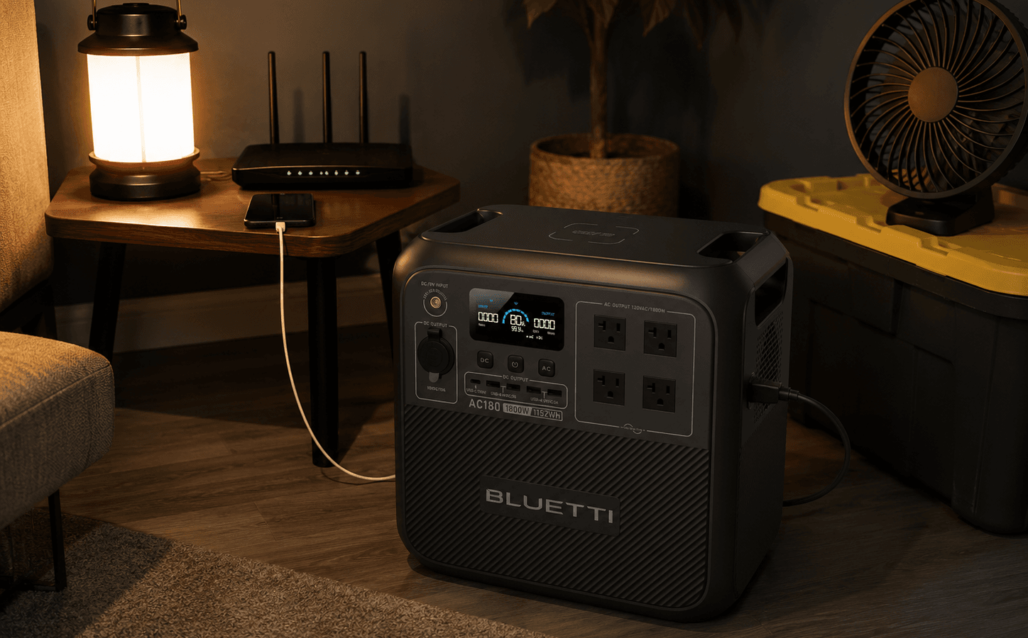 BLUETTI AC180 review image showing the portable power station in a home emergency backup setup