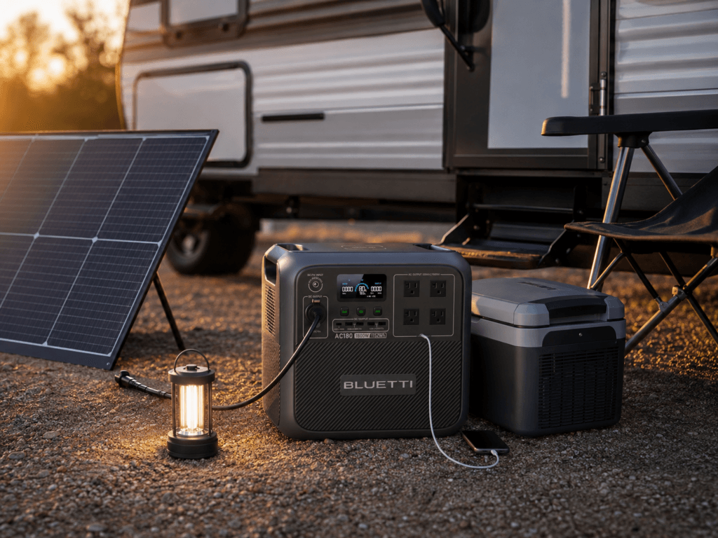BLUETTI AC180 review image showing solar charging beside an RV with a portable solar panel