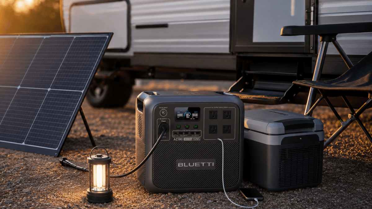 BLUETTI AC180 portable power station charging from a solar panel beside an RV