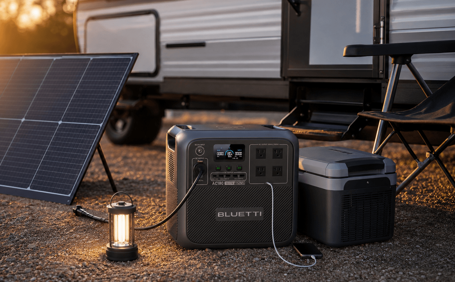 BLUETTI AC180 portable power station charging from a solar panel beside an RV
