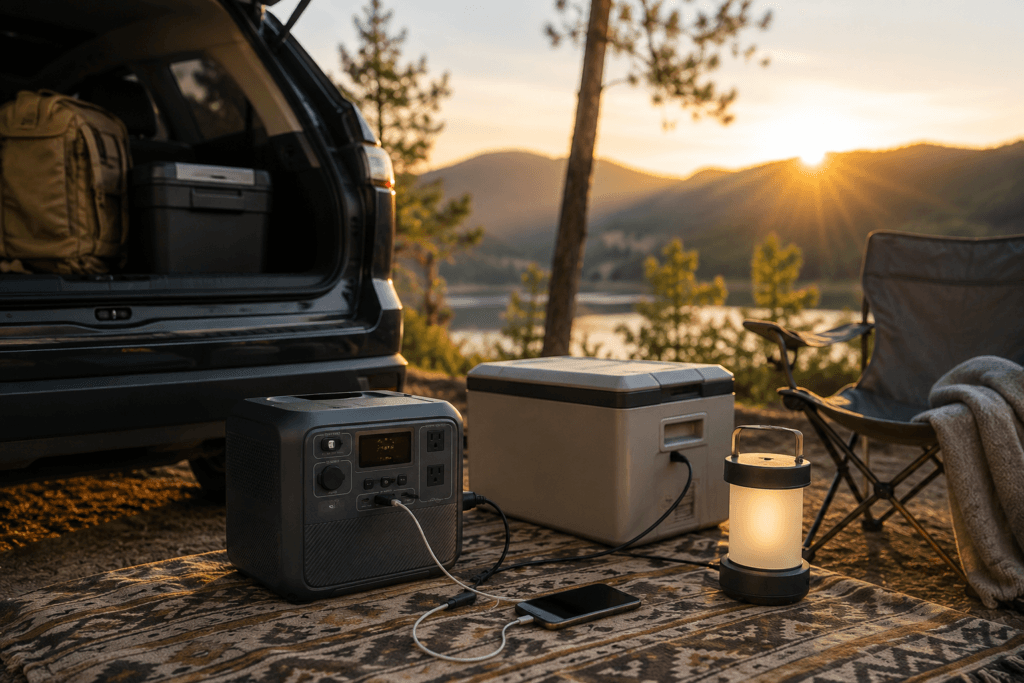 BLUETTI AC70 review showing a portable power station charging a cooler, phone, and lantern beside an open car trunk at a campsite