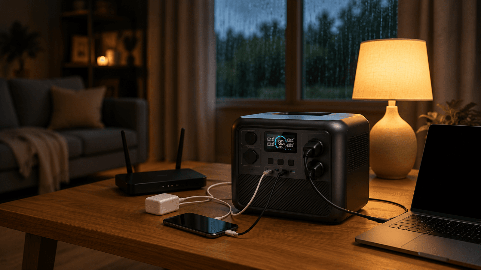 BLUETTI AC70 review showing a portable power station powering a lamp, Wi-Fi router, phone, and laptop during a home power outage