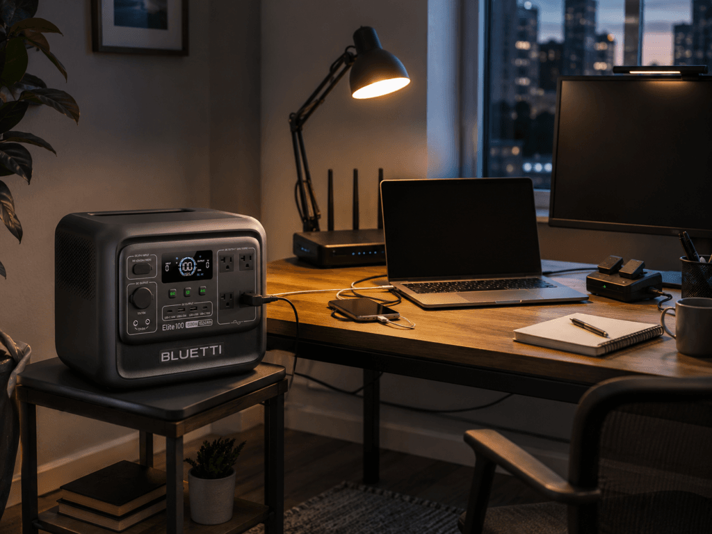 BLUETTI Elite 100 V2 showing the portable power station beside a home-office desk with a laptop, router, monitor, phone charger, and LED lamp.