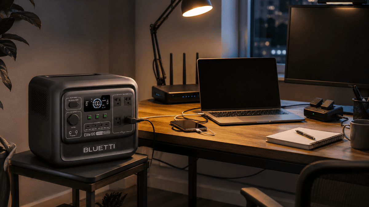 BLUETTI Elite 100 V2 review showing the portable power station beside a home-office desk with a laptop, router, monitor, phone charger, and LED lamp.