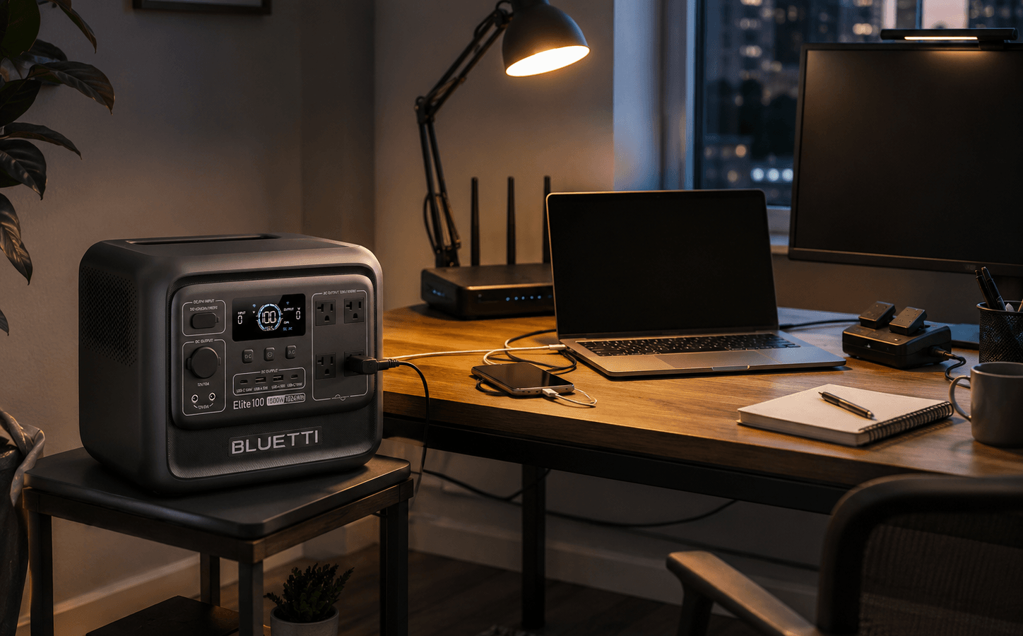 BLUETTI Elite 100 V2 review showing the portable power station beside a home-office desk with a laptop, router, monitor, phone charger, and LED lamp.