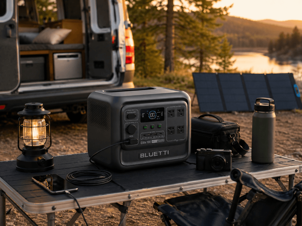 BLUETTI Elite 100 V2 review portable power station on a dry campsite table beside an RV, lantern, camera gear, and compatible foldable solar panel.