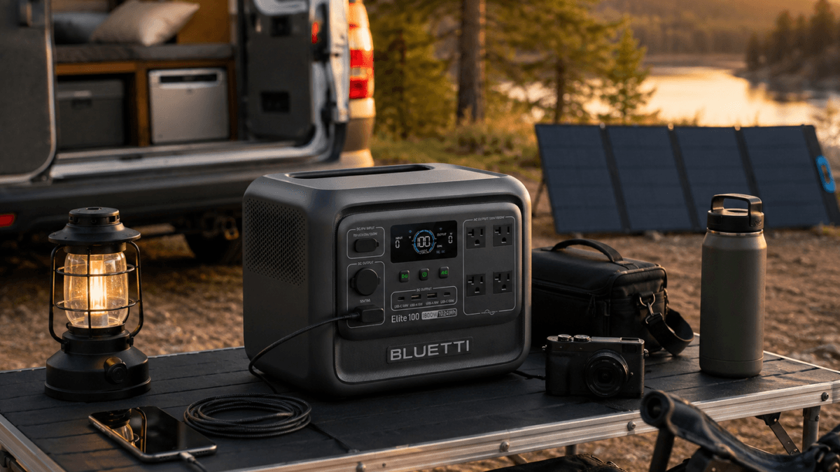 BLUETTI Elite 100 V2 review portable power station on a dry campsite table beside an RV, lantern, camera gear, and compatible foldable solar panel.
