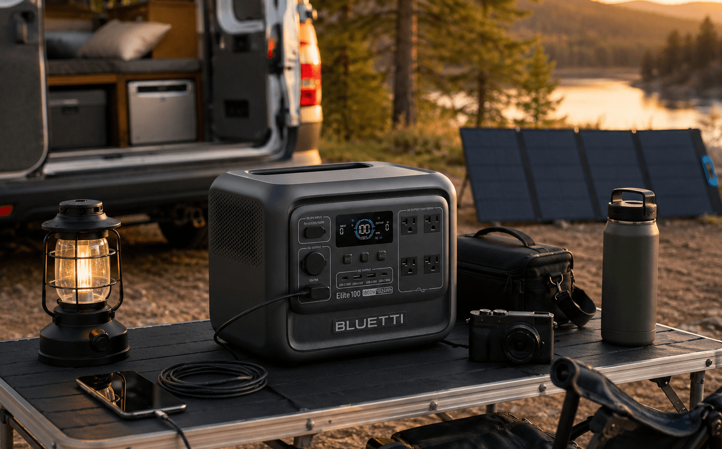 BLUETTI Elite 100 V2 review portable power station on a dry campsite table beside an RV, lantern, camera gear, and compatible foldable solar panel.