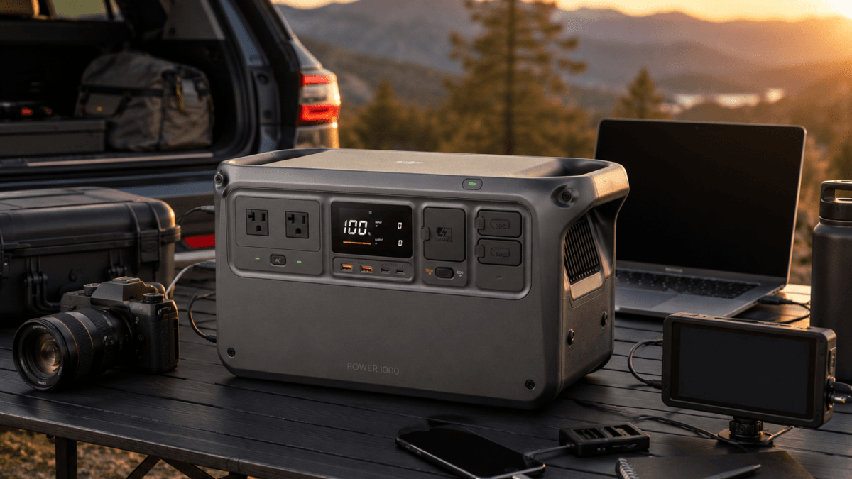 DJI Power 1000 portable power station beside a compact home-office desk with a laptop, router, monitor, phone charger, camera charger, and LED desk lamp.