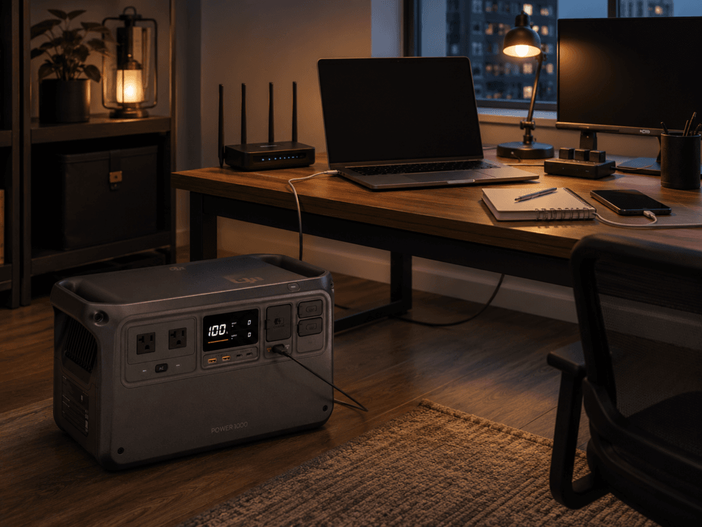 DJI Power 1000 review showing a portable power station supporting a compact home-office outage plan with a laptop, router, monitor, phone charger, camera charger, and LED desk lamp.